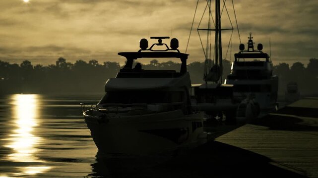Twilight yacht silhouettes docked at marina captain inspecting helm while crew secures mooring lines on weathered pier warm backlight casts long reflections
