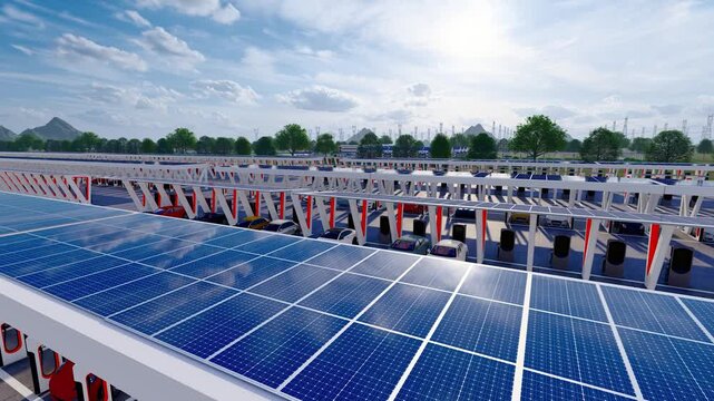 Aerial view of photovoltaic charging parking lot(3D software Lumion makes non-AI)
