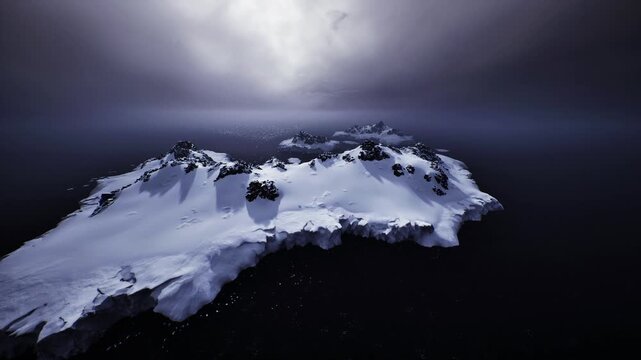 High altitude storm break over glacier shelf, dramatic overhead lighting, fractured ice edges and black water, cinematic vista for aerial campaign, mapping