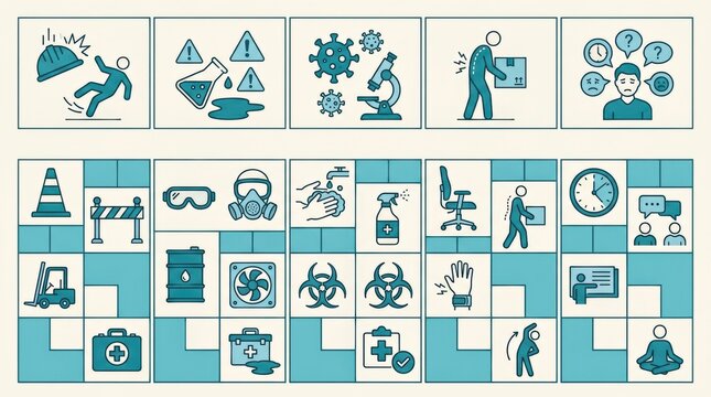Various icons illustrate workplace health, safety practices, ergonomics, and injury prevention strategies for employees and employers.