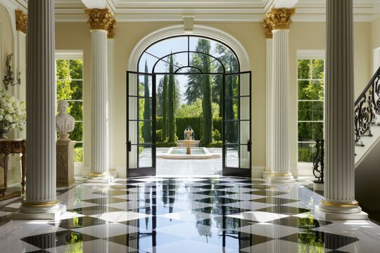 Grand entry hall featuring checkered marble floor and fluted column opening to a garden fountain for luxury real estate marketing