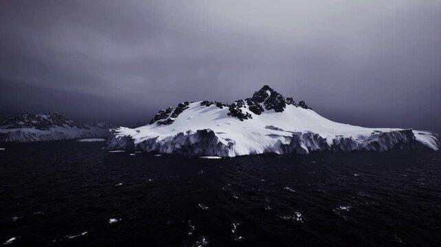 cinematic noir snow island framed by brooding sky, stark contrast and dramatic lighting create moody filmic panorama for location scouting.