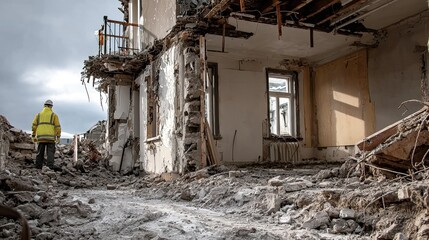 Fototapeta premium House demolition construction site, construction engineer in reflective safety workwear, damaged white villa and excavator, urban renewal infrastructure real estate PPT design material