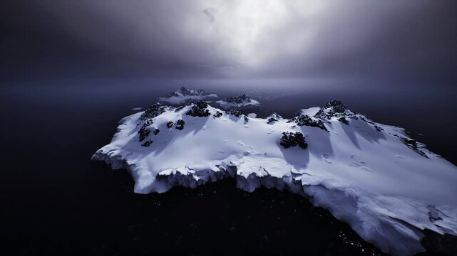 snowdusted cliffline with bruised sky, highaltitude view of frozen shoreline, scattered dark rocks, low sun glow on icy ridges, tranquil yet foreboding mood