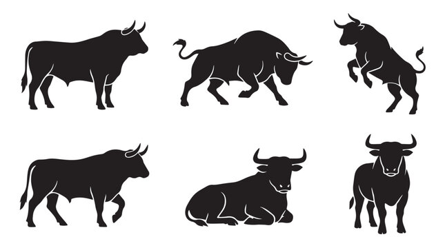 Black Bull Silhouette Set Vector Illustration for Logo Mascot Design Isolated on White Background