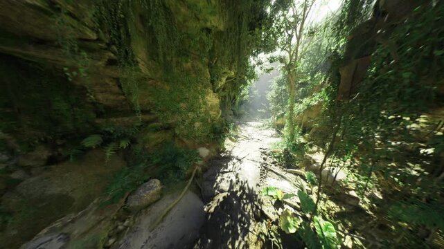 secluded grotto flooded with dramatic rays, dripping rock surfaces and reflective pool create cinematic quiet scene for mindful exploration