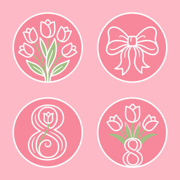 Four pink circular icons with floral and bow designs for celebrations