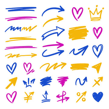 Hand-drawn arrows, hearts and symbols in vibrant yellow, blue and pink
