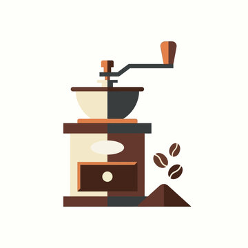 A flat vector illustration of a vintage manual coffee grinder with beans