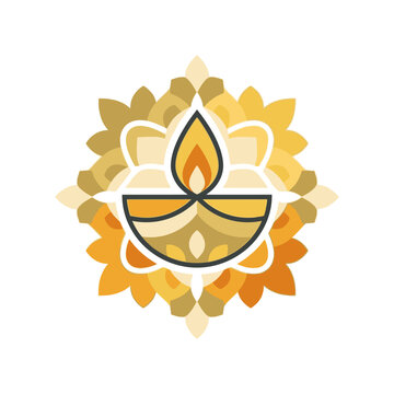 A stylized vector illustration of a burning Diwali diya lamp on a mandala background