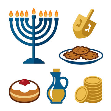 A collection of traditional Hanukkah holiday symbols isolated on a white background