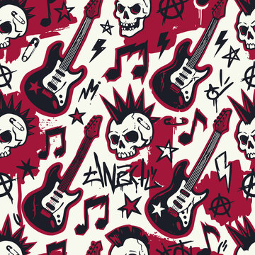 Punk seamless pattern with skulls and electric guitars