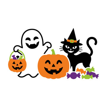 A cute Halloween illustration featuring a ghost, pumpkin and black cat