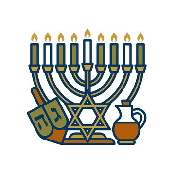 A vector illustration of a Hanukkah menorah with a dreidel and oil jug