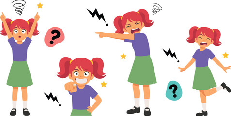 Fototapeta premium Cute Cartoon Girl Character with Red Hair Showing Different Angry Poses Negative Emotions Shouting Pointing and Tantrum Gestures Vector Illustration Set