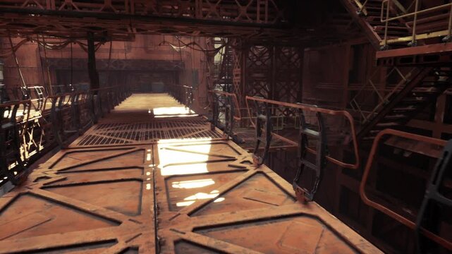 wide engine bay service bridge with grated walkway, angular beams, pipeline network, warm backlight, worn metal textures, industrial atmosphere, service access