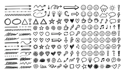 A large collection of hand drawn doodle icons and symbols on white background  arrows shapes objects emojis © Kumot Roy