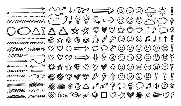 A large collection of hand drawn doodle icons and symbols on white background  arrows shapes objects emojis