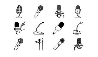 Twelve Microphone Icons Bundle Vintage Studio USB Wireless Lavalier Handheld Podcast Broadcast Vector Illustration Set © MdShagarAli