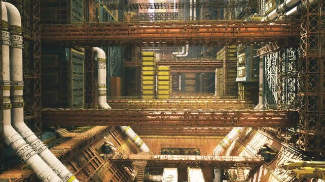 Cuttingedge industrial hub with glowing infrastructure. Modern electronic processing station featuring intricate piping and luminous controls