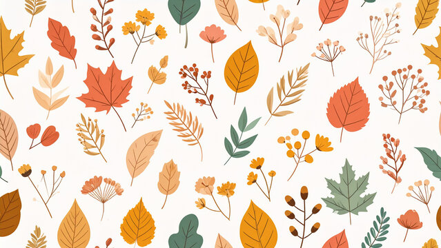 A seamless pattern featuring colorful autumn leaves and dry flowers creates a warm seasonal background in a charming hand drawn style.