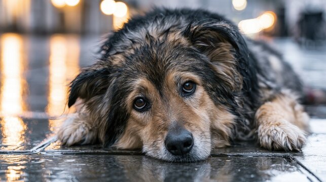 Close up of sad brown and black dog lying on wet pavement with reflective surface and soft glowing street lights in background at dusk or early evening