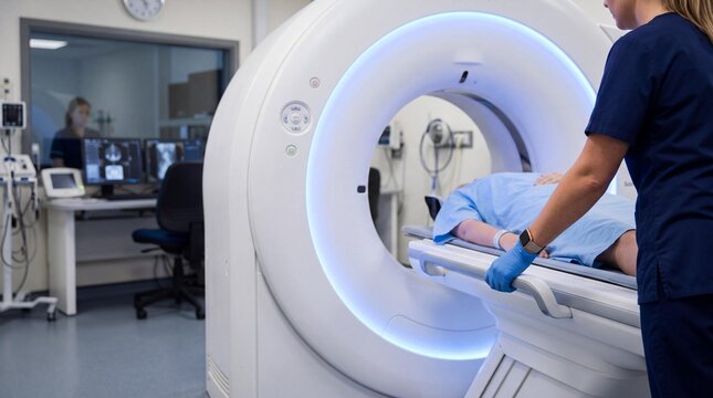 Female radiographer preparing patient for CT scan in modern hospital room