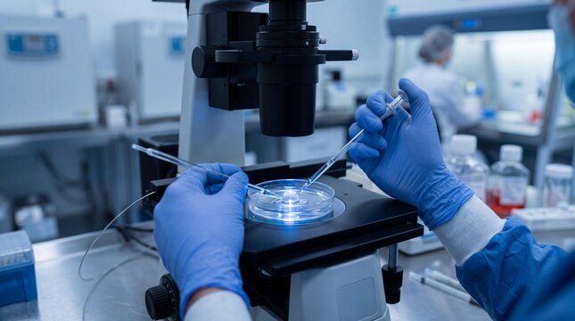 Embryologist using micropipette under microscope in IVF laboratory