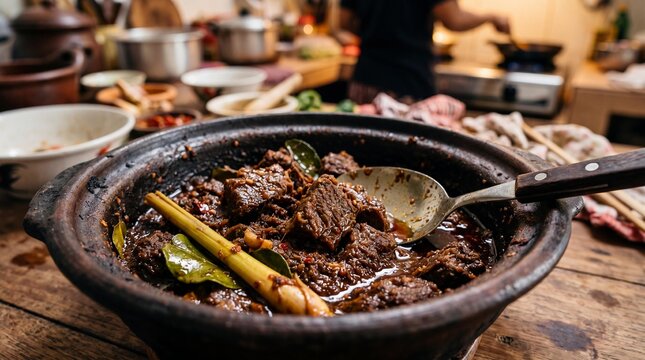Slow Cooked Indonesian Beef Rendang Curry in a Traditional Clay Pot
