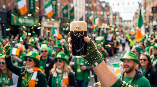 Cheers to Saint Patrick's Day with a pint of dark stout beer at a parade