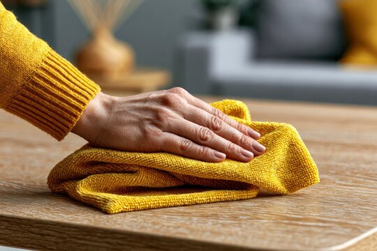Hand cleaning wooden table with yellow microfiber cloth in a living room sharp focus macro shot for professional cleaning service marketing