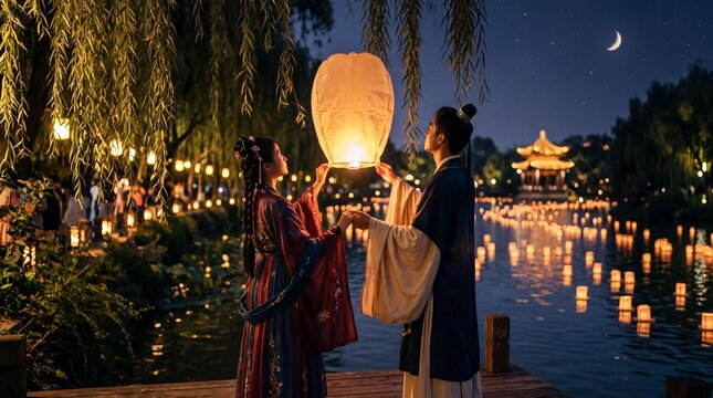 Romantic Chinese Couple in Hanfu Releasing Sky Lantern on Qixi Festival