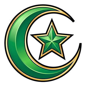 Green crescent moon and star icon. Islamic symbol for religious design.