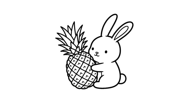 Little bunny character hugging a large tropical pineapple