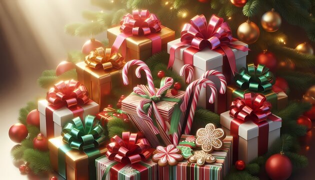 A traditional Christmas border with wrapped gifts and holiday treats in warm festive colors, Ai generated image