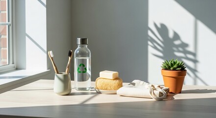 Fototapeta premium Bathroom essentials, toiletries, and skincare products on a table, morning routine, natural light