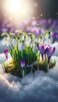 A fresh spring border with snowdrops and crocuses emerging through melting snow, Ai generated image