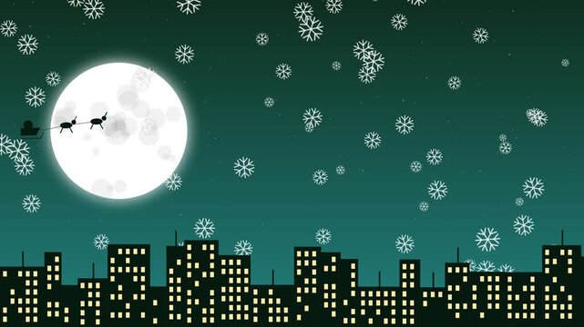 Santa sleigh flying over city skyline with full moon and falling snow animation