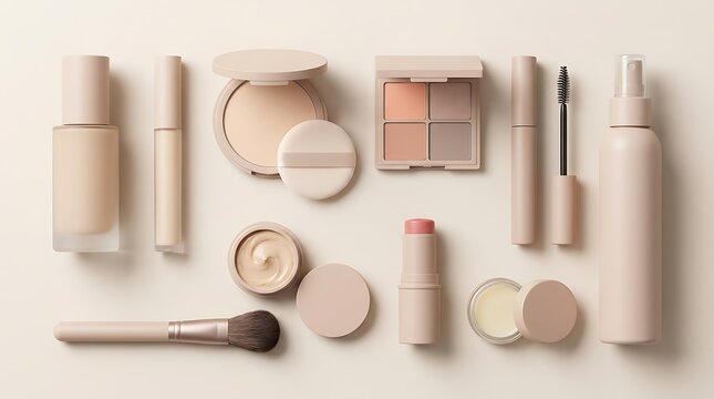 Set of various makeup and beauty cosmetic products arranged neatly on a soft light beige surface top view. beginner makeup guide