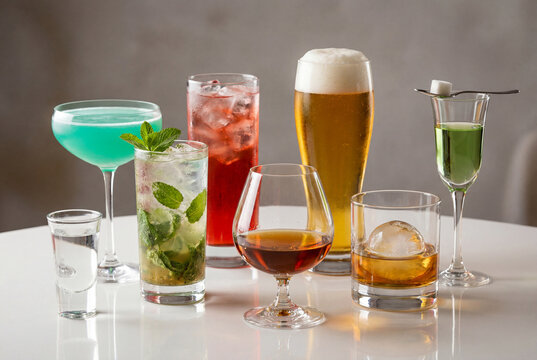 Various alcoholic beverages in glasses on a table