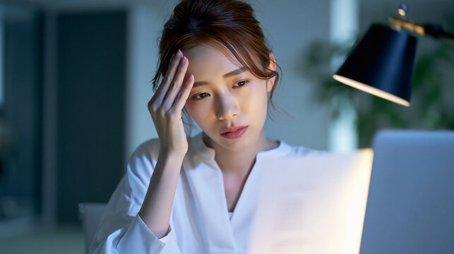 Exhausted Japanese woman touching her forehead while suffering from a headache at night office