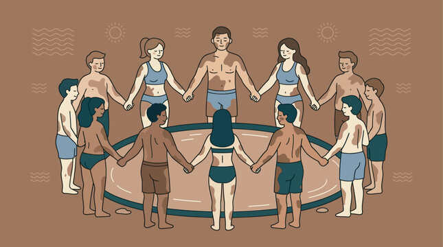 Diverse group of people holding hands in a circle. Multicultural friends enjoying mud festival fun.