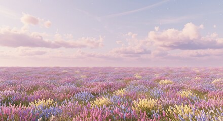 Fototapeta premium Lavender Field Serenity: A breathtaking expanse of blooming lavender fields stretches towards a soft, pastel sky, creating a serene and tranquil atmosphere.