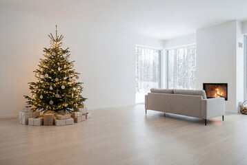 Obraz premium Minimalist white living room featuring a glowing christmas tree and modern sofa facing a fireplace