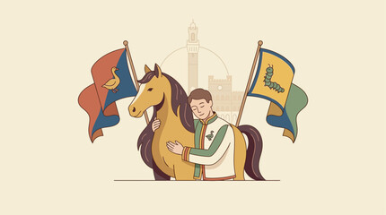 Obraz premium Italian horse race rider hugging his horse. Traditional medieval festival equestrian event illustration.