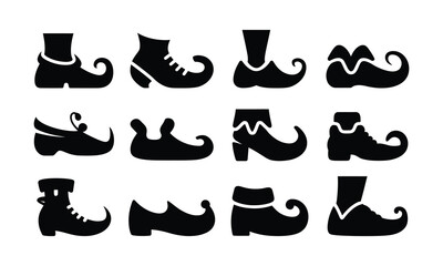 Fototapeta premium Collection of black elf shoe icons isolated on a plain white background set.