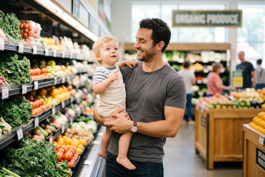 Happy father carrying toddler son while shopping in grocery store produce aisle