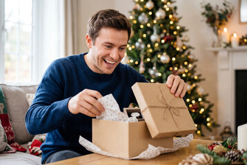 Obraz premium Happy man opening gift box in front of decorated christmas tree
