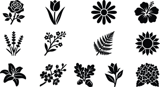 Garden flower and botanical leaf stencil silhouette icon set featuring rose tulip daisy lily lavender sunflower and cherry blossom vectors for craft cutting