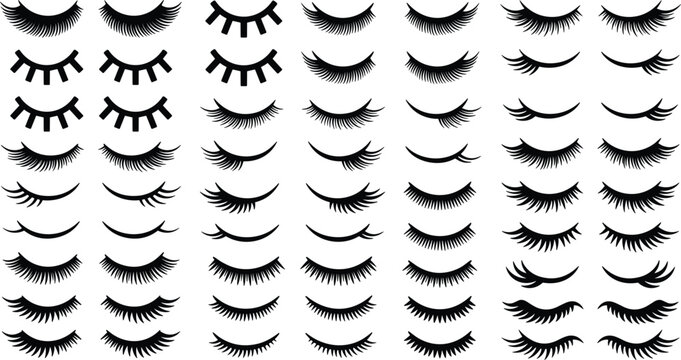 Hand drawn eyelashes and closed eyes silhouette icon set featuring long false lashes winking brows and makeup beauty salon elements vector illustration